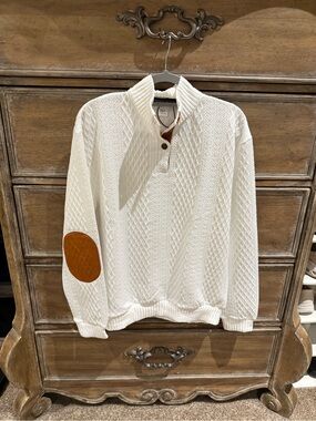 Amazon Men's Cream Zip-Neck Sweater with Tan Elbow Patch